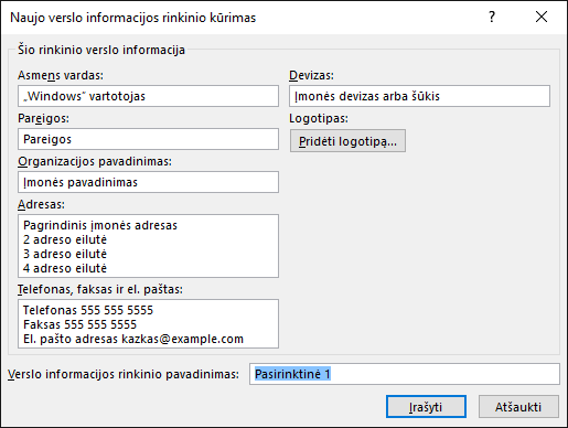 Ekrano nuotrauka, vaizduojanti dialogo langą Naujo verslo informacijos rinkinio kūrimas.