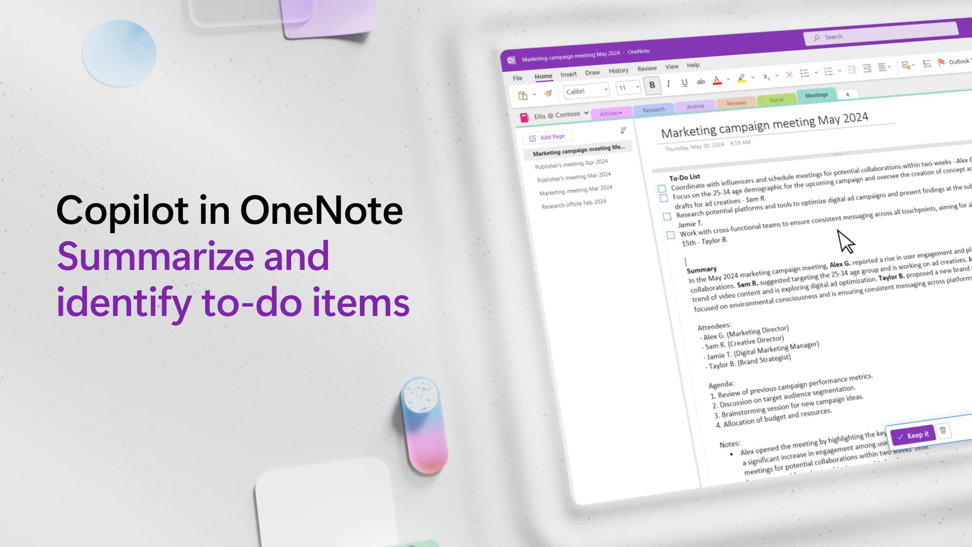 Vaizdo įrašas: užduočių elementų apibendrinimas ir identifikavimas naudojant „Copilot“ programoje „OneNote“