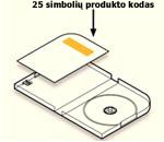 Produkto kodas pakuotės vietoje, ant kortelės etiketės, priešingoje disko laikikliui pusėje, kairėje dėklo pusėje