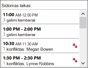 Naudokite siūlomų laikų parinkiklį norėdami pamatyti, kada dalyviai yra pasiekiami.