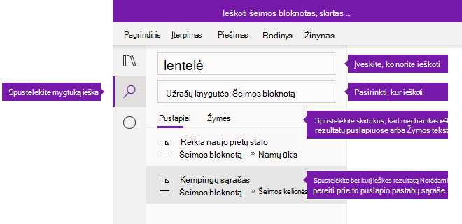 Ieškos srities parinktys „OneNote“, skirtoje „Windows 10“