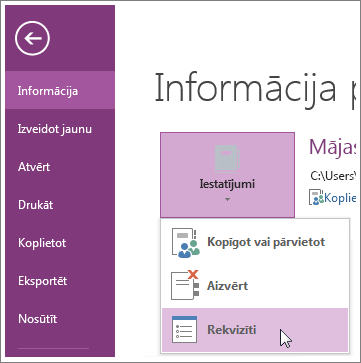 Varat jaunināt uz jaunāko OneNote versiju tieši no izvēlnes Fails.