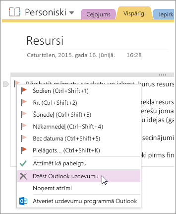 Ekrānuzņēmums par to, kā izdzēst Outlook uzdevumu programmā OneNote 2016.