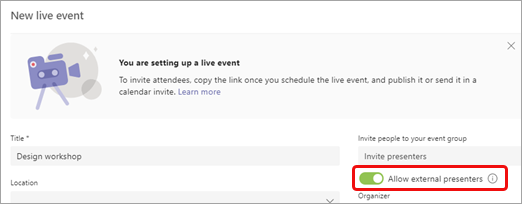 Atlasiet Atļaut ārējiem prezentētājiem sadaļā Uzaicināt prezentētājus