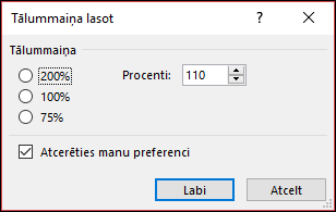 Varat atlasīt noklusējuma tālummaiņas līmeni.