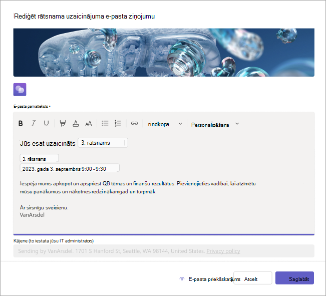 Ekrānuzņēmums, kurā parādīts, kā rediģēt rātsnama e-pasta uzaicinājumus