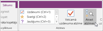 Ekrānuzņēmums, kurā parādīta poga Atrast atzīmes programmā OneNote 2016.