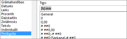 Šūnu formatēšanas dialogs, pielāgota komanda, [h]:mm tips