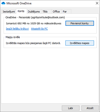 OneDrive konta pievienošanas dialogs