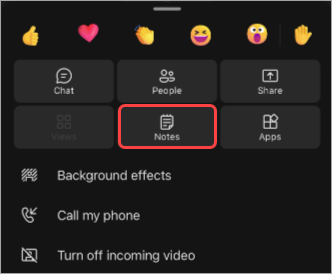 Ekrānuzņēmums, kurā parādīts, kā piekļūt piezīmēm pakalpojuma Teams mobilās sapulces laikā