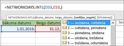 Intellisense saraksts rāda 2 — svētdiena, pirmdiena; 3 — pirmdiena, otrdiena utt.