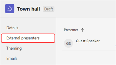 Screenshot showing External presenters tab highlighted in town  hall scheduling form