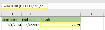 =(DATEDIF(D13,E13,"d")/7) un rezultāts: 122,29