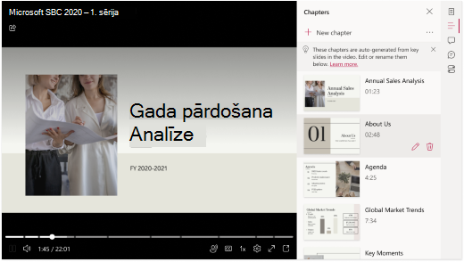 Video ir atvērts pārlūkprogrammā. Pa labi no video panelī redzams saraksts ar powerPoint automātiski ģenerētām nodaļām.