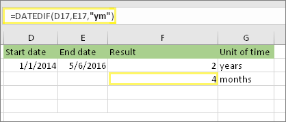 =DATEDIF(D17,E17,"ym") un rezultāts: 4