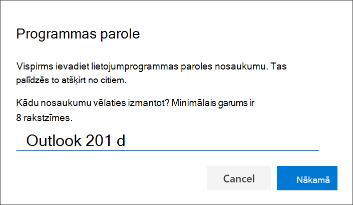 Ekrānuzņēmums, kurā redzama lietojumprogrammas paroles lapa ar ievadītas lietojumprogrammas nosaukumu