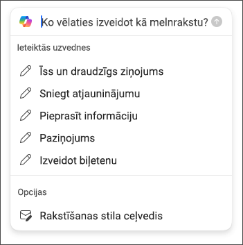 Garuma un toņu opcijas, lai izvēlētos, veidojot epasta ziņojumu melnrakstu programmā Outlook izmantojot Copilot