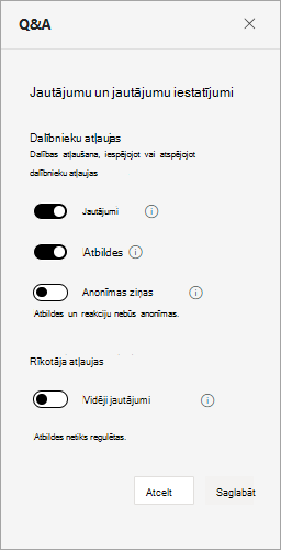 Ekrānuzņēmums, kurā redzami QandA iestatījumi rātsnamā