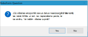 Desktop Roboform export confirmation dialog box