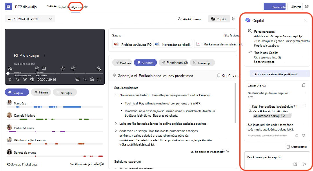 Pārskatīts kopsavilkums par Copilot sapulcēm