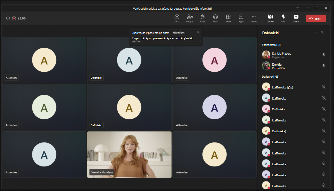 Ekrānuzņēmums, kurā redzams dalībnieku skats, ja Teams sapulcē vai  tīmekļa seminārā ir paslēpti vārdi.