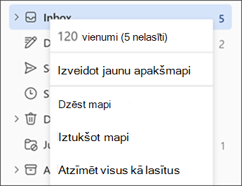 Ekrānuzņēmums, kurā redzama izvēlne, ar peles labo pogu noklikšķinot uz mapes