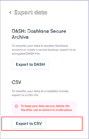 Dashlane eksportēšanas datu izvēlne ar iezīmētu pogu Eksportēt uz CSV.