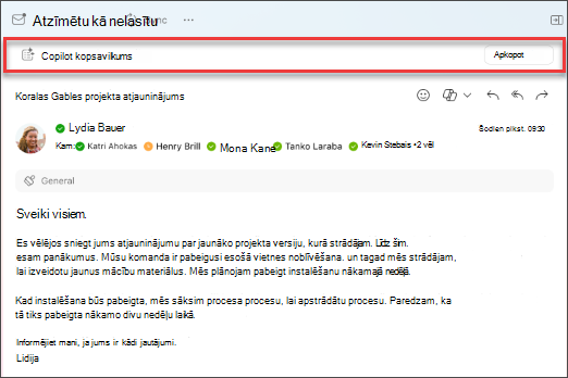 Atlasiet kopsavilkuma izveidi līdzeklim Copilot, lai izveidotu e-pasta pavediena kopsavilkumu.