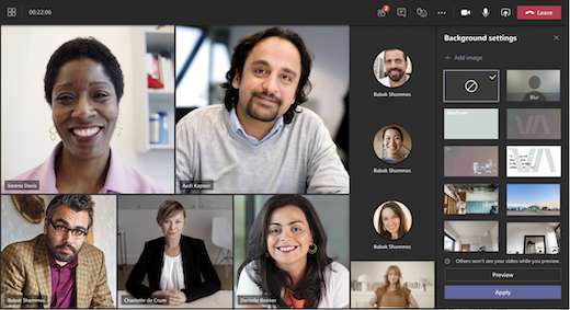Meeting view with attendees applying custom backgrounds