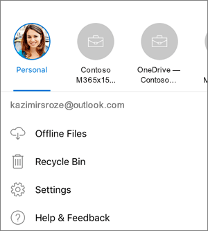 Ekrānuzņēmums, kurā parādīta pārslēgšanās starp kontiem programmā OneDrive operētājsistēmā iOS