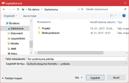 Esošu e-pasta ziņojumu var saglabāt kā failu.