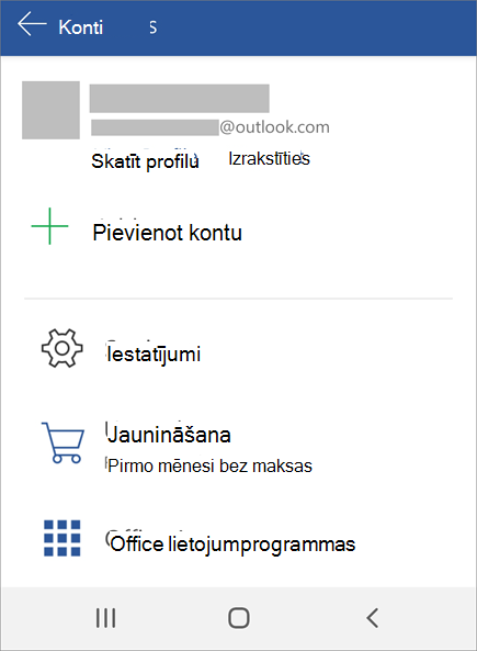 Parāda izrakstīšanās no Office opciju Android ierīcē