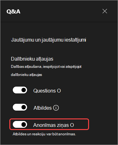 Ekrānuzņēmums, kurā redzams lietotāja interfeiss, lai paslēptu dalībnieku vārdus&A