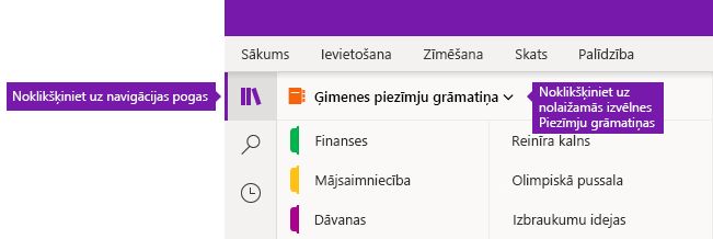 Piezīmju grāmatiņu saraksta izvēršana programmā OneNote darbam ar Windows 10