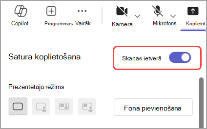 Ieslēdziet slēdzi Iekļaut skaņu, lai kopīgotu skaņu no loga, kuru koplietojat.