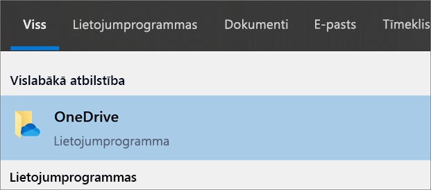 OneDrive datora lietojumprogrammas meklēšanas operētājsistēmā Windows 10 ekrānuzņēmums