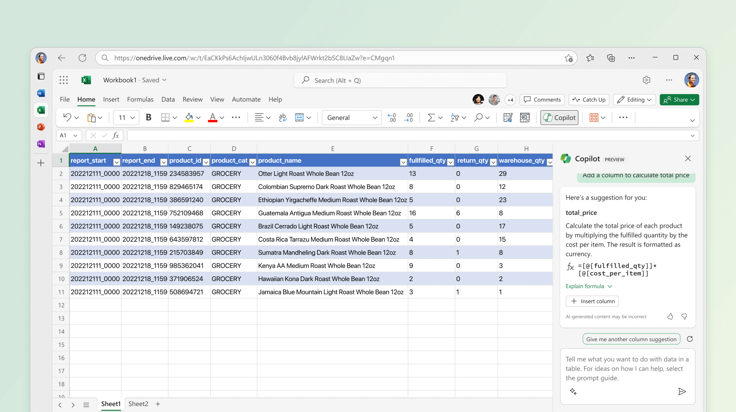 Ekrānuzņēmumā redzams Copilot programmā Excel, iesakot formulu aprēķinam.