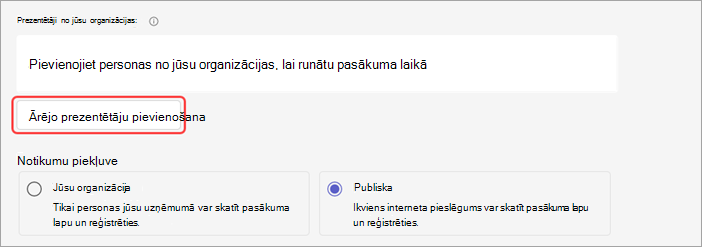 Ekrānuzņēmums, kurā parādīts, kā  tīmekļa semināram pievienot ārējus prezentētājus