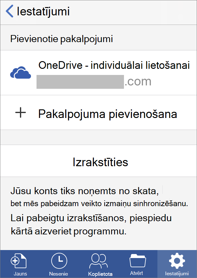 Parāda Office operētājsistēmai iOS izrakstīšanās opciju