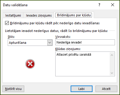Datu validācijas nolaižamā lodziņa kļūdas ziņojuma opcijas
