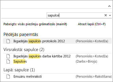 Izmantojiet meklēšanas funkciju, lai atrastu piezīmes jebkurā programmas OneNote vietā.