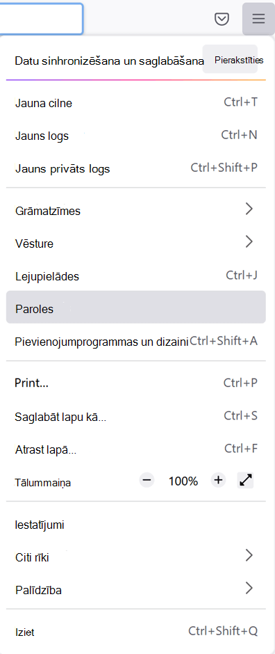 Galvenā izvēlne programmā Firefox ar atlasītu opciju Paroles.