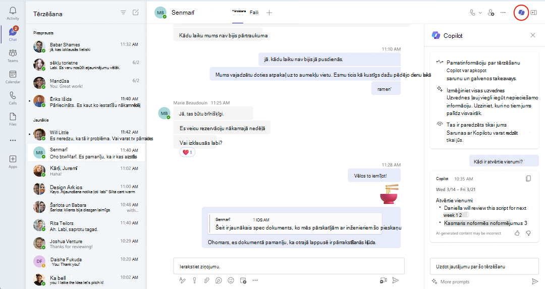 Copilot skats Teams tērzēšanā