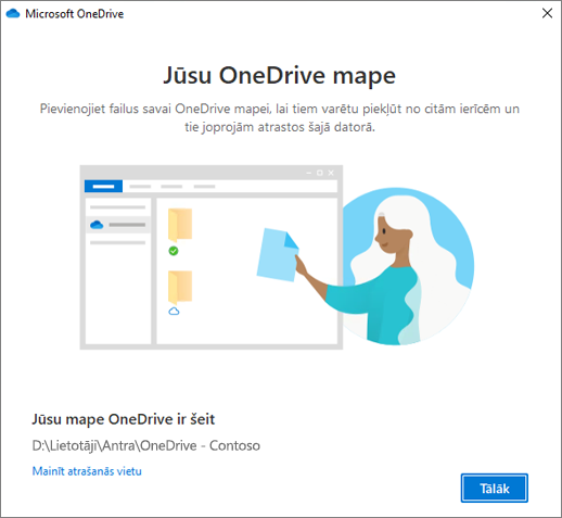 Ekrāns Šī ir jūsu OneDrive mape vednī "Esiet sveicināts pakalpojumā OneDrive".