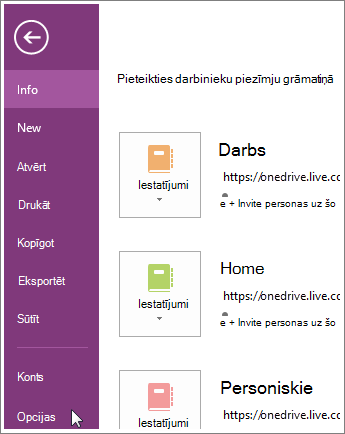 OneNote opcijas