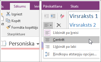 Ekrānuzņēmums, kurā redzama poga Rindkopu līdzinājums programmā OneNote 2016.