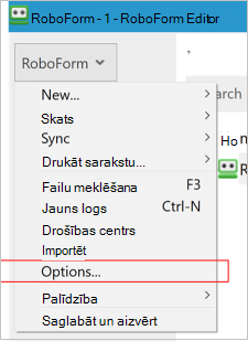 Darbvirsmas Roboform opciju izvēlne