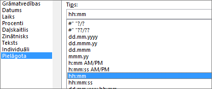 Šūnu formatēšanas dialogs, pielāgota komanda, h:mm tips