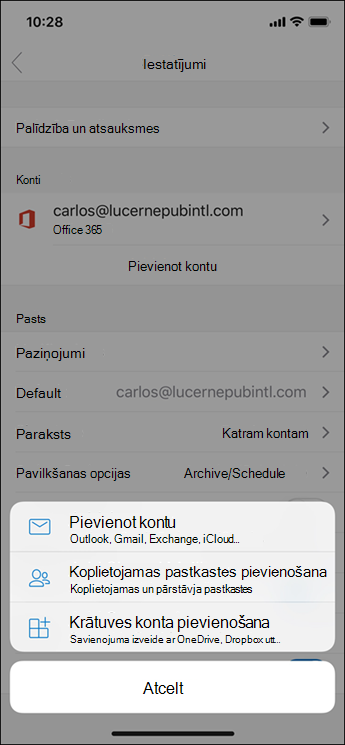 Konta pievienošana programmā Outlook