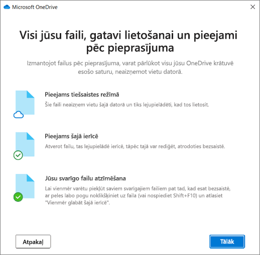 Ekrāns Faili pēc pieprasījuma vednī "Esiet sveicināts pakalpojumā OneDrive"